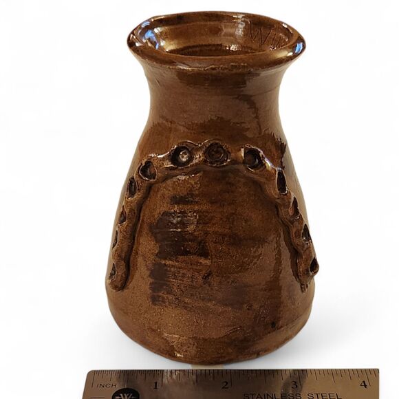 Vintage Handmade Pottery Pitcher Signed Brown Glazed Ceramic Jug Rustic Decor 5” - Picture 3 of 8